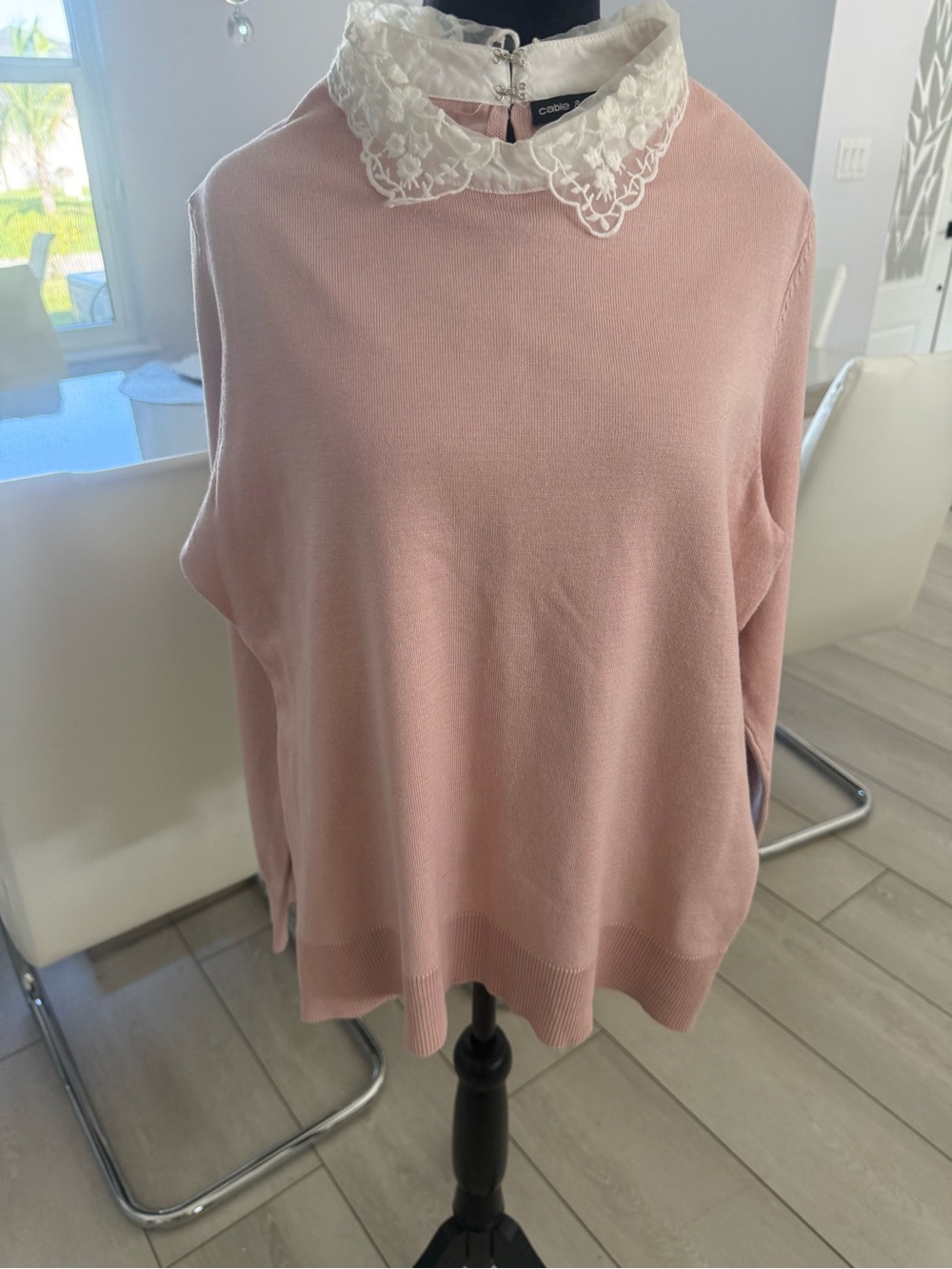 Cable & Gauge Blush Pink Crewneck Sweater with Lace Collar#B7